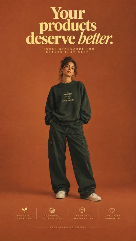 sweatshirt and pants model try-on product photo: A woman poses in a dark oversized sweatshirt and loose pants against a warm terracotta studio backdrop, beneat…