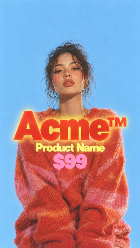 orange knit sweater model try-on product photo: A woman in an oversized orange-pink knit sweater poses against a bright blue backdrop, with bold glowing produc…