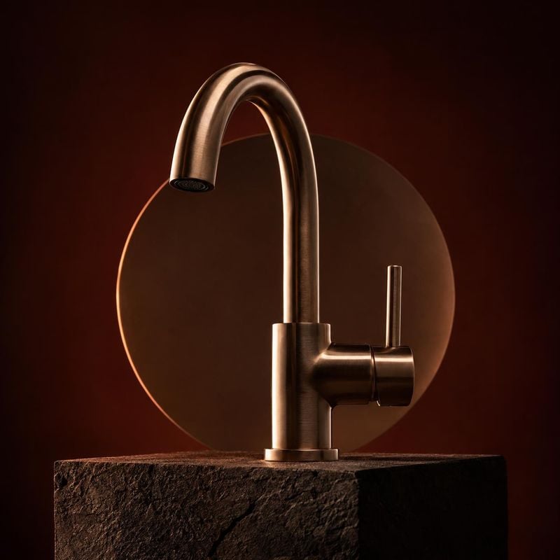 faucet packshot product photo: A sculptural bronze-toned faucet stands on a dark stone plinth against a deep rust backdrop, lit with warm dramatic highlights f…