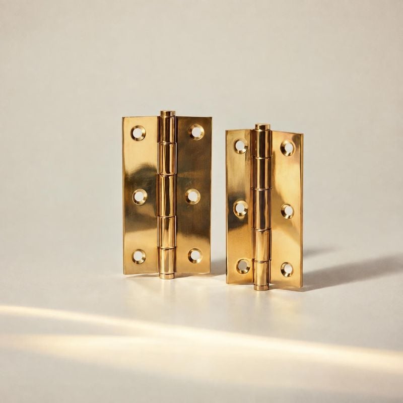 brass door hinges packshot product photo: Two polished brass door hinges stand on a warm cream surface against a softly lit neutral backdrop, creating a clean,…