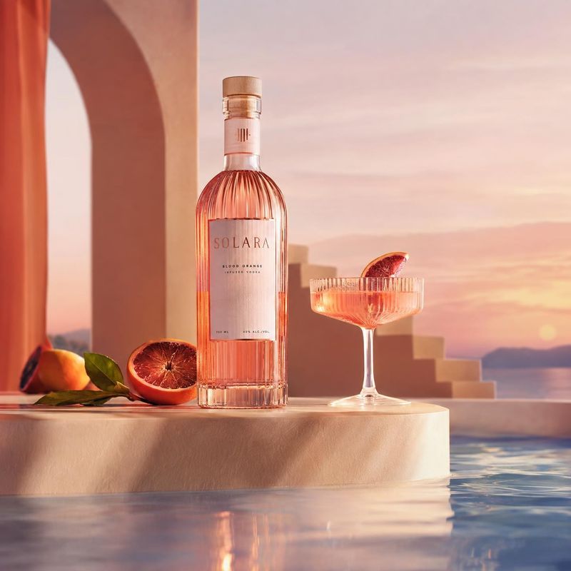 blood orange vodka food and drink product photo: A ribbed bottle of blood orange vodka and a matching citrus cocktail are styled with fresh oranges beside a po…