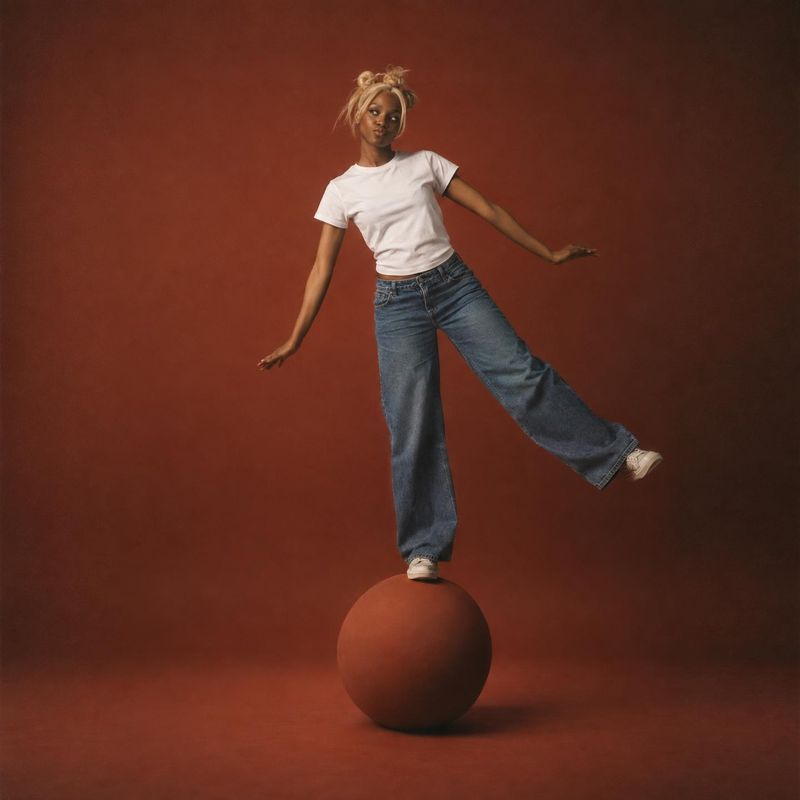 jeans and T-shirt action & motion product photo: A model in a white T-shirt, loose blue jeans and sneakers balances playfully on a rust-colored sphere against…