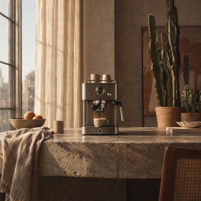 espresso machine lifestyle scene product photo: A stainless-steel espresso machine brews coffee on a stone kitchen counter, styled with fruit, linen and tall c…