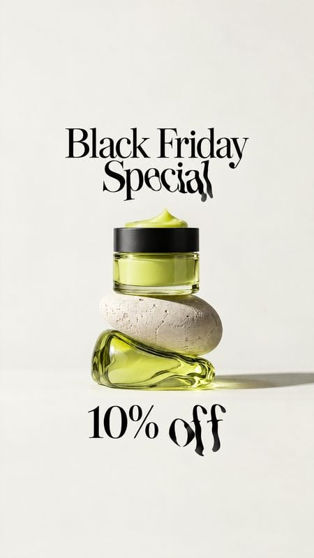 skincare cream jar still life product photo: A lime-green skincare jar is artfully balanced on sculptural stone and glass forms against a warm off-white studio…