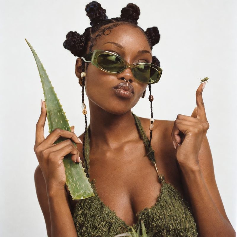 sunglasses model try-on product photo: A model in green sunglasses and a textured green top poses against a pale studio backdrop, holding an aloe leaf and lift…