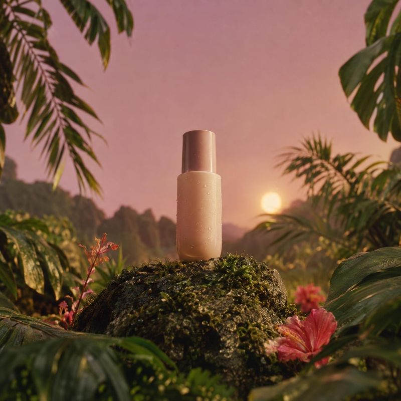 skincare bottle lifestyle scene product photo: A dewy skincare bottle stands on a moss-covered rock amid tropical foliage and flowers, lit by a warm pink sunse…