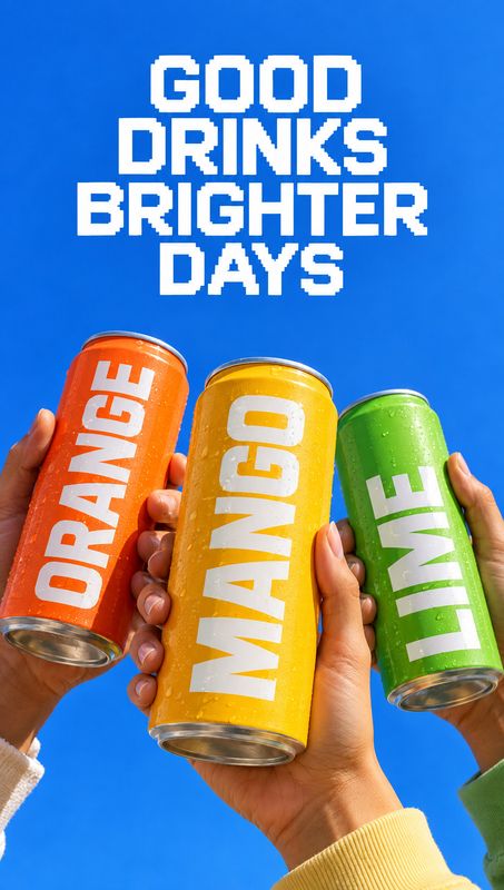 canned fruit drinks product in hand product photo: Several hands raise brightly colored orange, mango, and lime drink cans against a vivid blue studio backdrop…