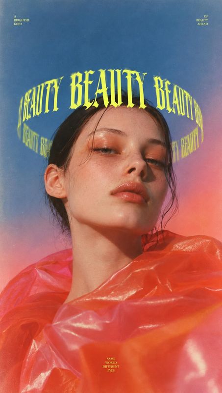 beauty close-up product photo: A close-up beauty portrait with glossy makeup and translucent coral fabric, set against a blue-to-pink gradient with arched yell…