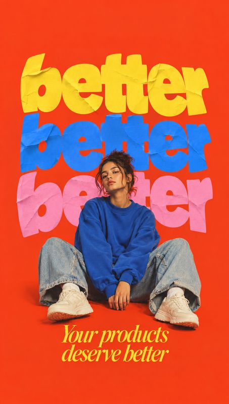 sneakers model try-on product photo: A seated woman in a blue sweatshirt, loose jeans and white sneakers poses against a vivid red studio backdrop layered with…