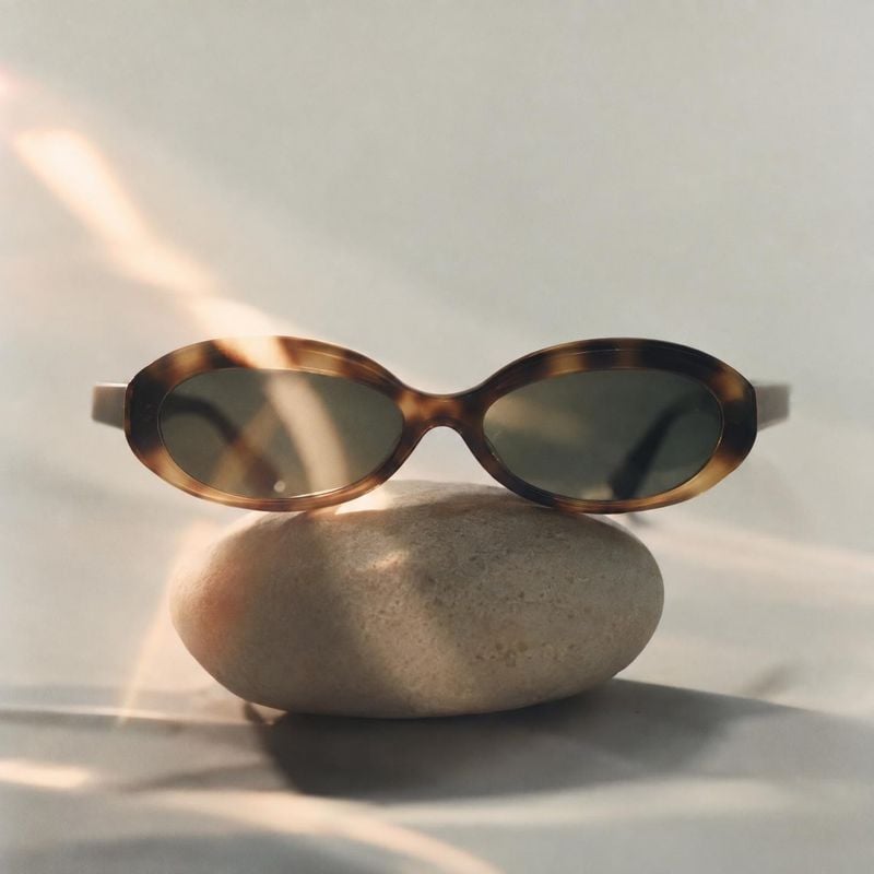 sunglasses close-up detail product photo: Tortoiseshell oval sunglasses rest on a smooth stone against a softly lit neutral backdrop, with warm streaks of sunl…