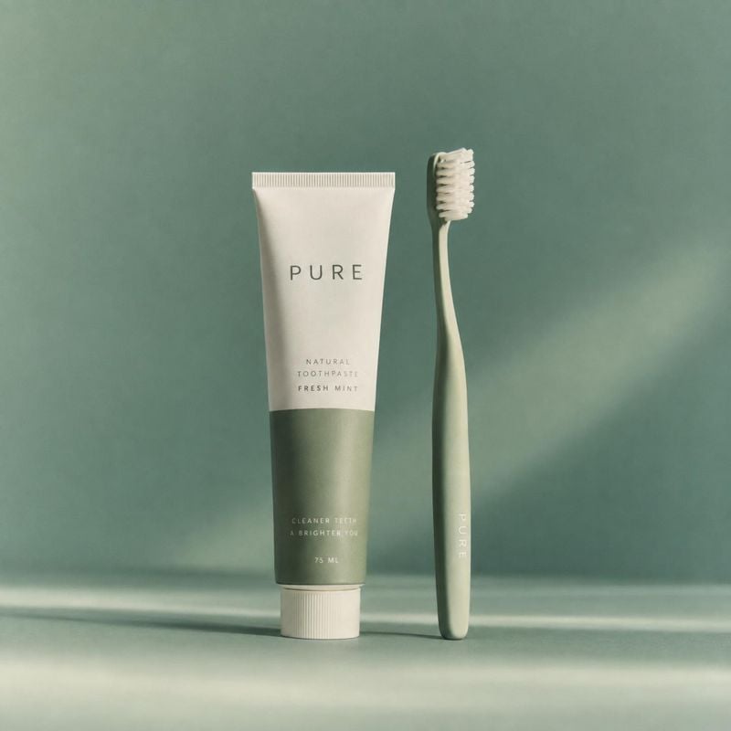 toothpaste and toothbrush packshot product photo: A minimalist toothpaste tube and matching toothbrush stand against a muted sage-green studio backdrop, with s…
