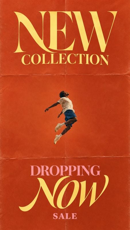 apparel collection action & motion product photo: A model leaps against a textured burnt-orange backdrop beneath oversized cream and pink collection and sale t…
