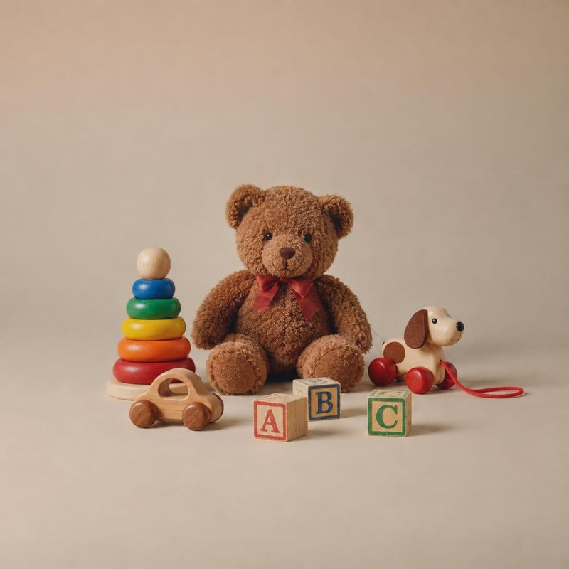 wooden toys and teddy bear group lineup product photo: A plush brown teddy bear sits among colorful wooden stacking rings, alphabet blocks, a toy car and a pul…