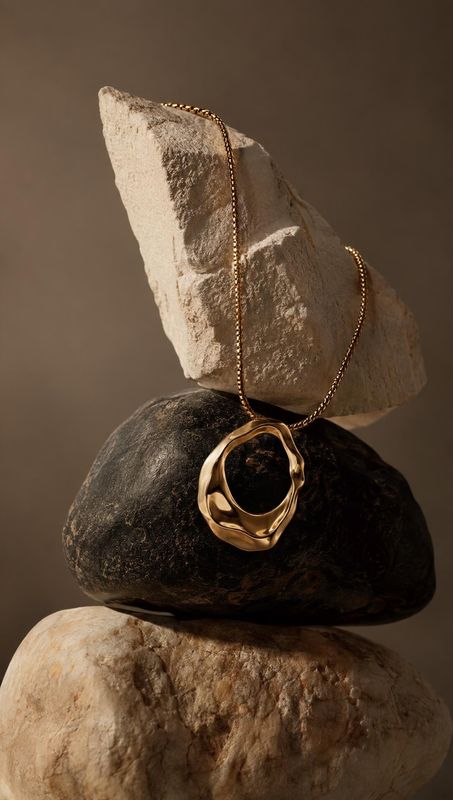 gold pendant necklace black friday product photo: A sculptural gold pendant necklace drapes over stacked natural stones against a warm brown backdrop, lit with…