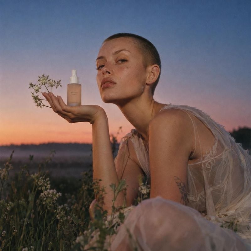 skincare serum bottle beauty close-up product photo: A close-cropped model in a sheer, romantic outfit holds a small skincare bottle and a sprig of flowers in…