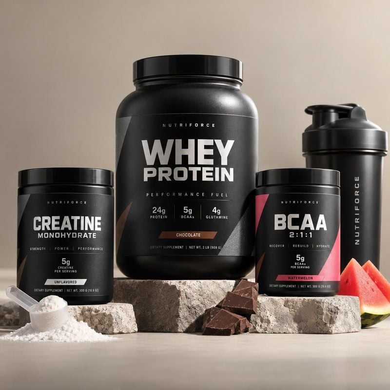 sports nutrition supplements group lineup product photo: Black tubs of whey protein, creatine and BCAA supplements with a shaker are arranged on stone blocks a…