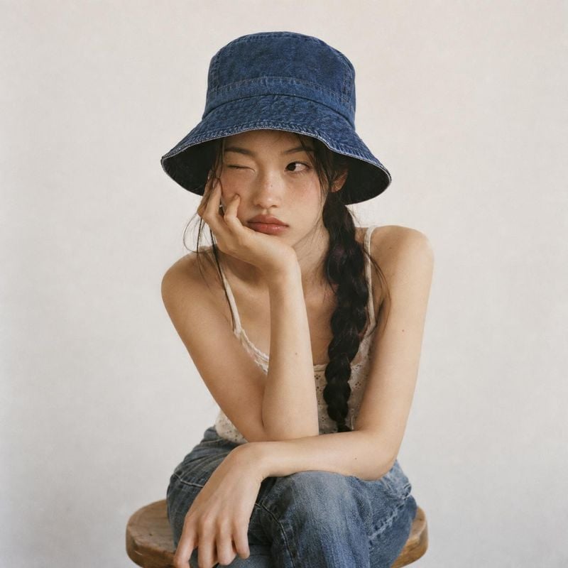 denim bucket hat model try-on product photo: A seated model wears a dark denim bucket hat and casual denim outfit against a softly lit neutral studio backdrop,…