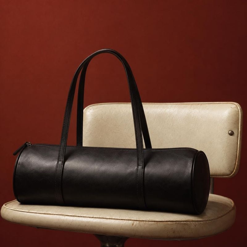 black leather handbag jewelry product photo: A structured black leather handbag rests across a vintage cream chair against a deep rust-red studio backdrop, lit…