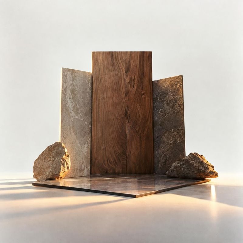wood and stone material samples texture / swatch product photo: Wood and stone samples stand upright with rough stone accents on a pale studio surface, lit by…