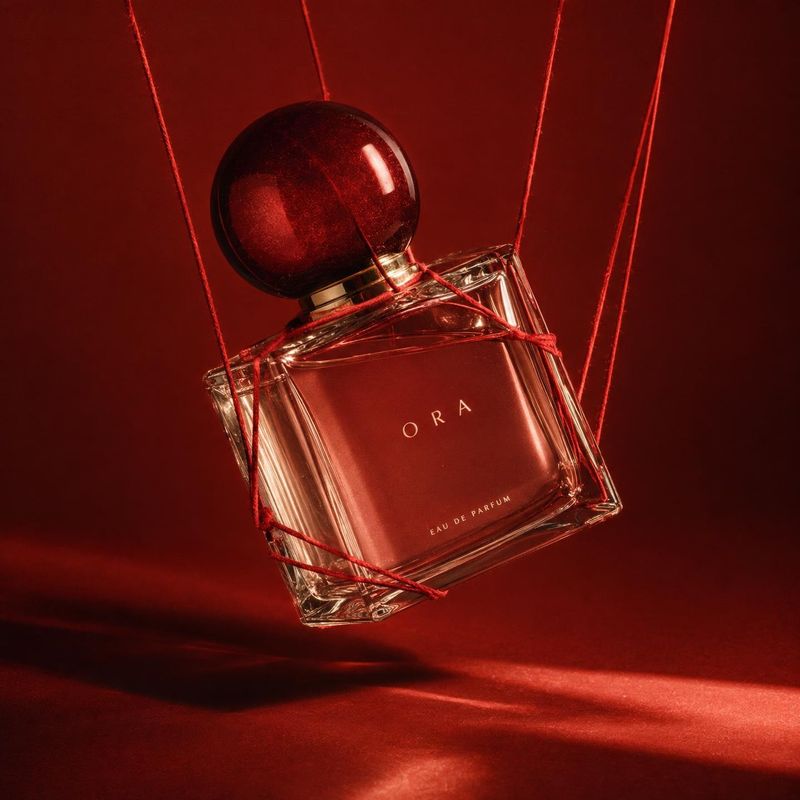 perfume floating product product photo: A glass perfume bottle with a spherical dark cap hangs amid taut red cords against a deep red studio backdrop, lit with…