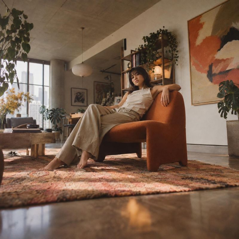 armchair room set product photo: A woman relaxes in a rust-colored armchair in a warmly lit, plant-filled living room, styled in neutral clothing with soft nat…