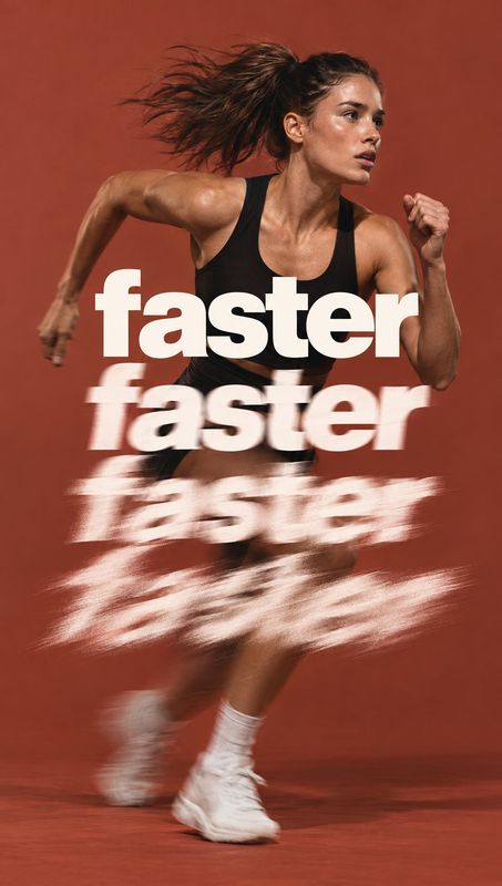 women’s athletic wear action & motion product photo: An athletic woman in a black sports bra and shorts runs against a rust-red studio backdrop, with bold, mot…