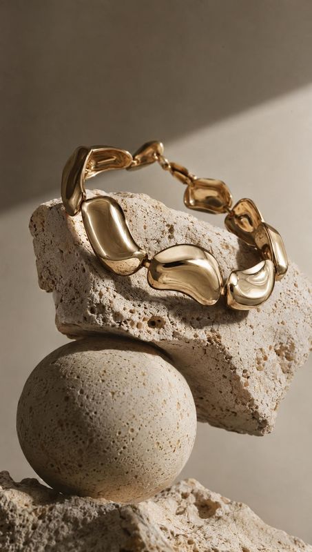 gold-tone bracelet jewelry product photo: A sculptural gold-tone bracelet rests on pale porous stones against a warm neutral studio backdrop, lit by directiona…