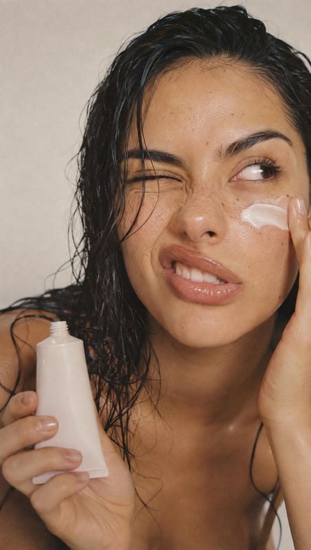 skincare cream beauty close-up product photo: A smiling woman with wet dark hair applies cream to her cheek while holding a plain tube, photographed in soft li…
