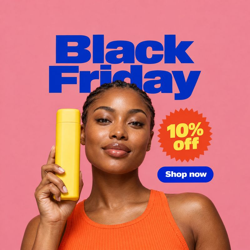 yellow beauty product bottle beauty close-up product photo: A woman in an orange top holds a bright yellow bottle against a pink studio backdrop, with bold blu…