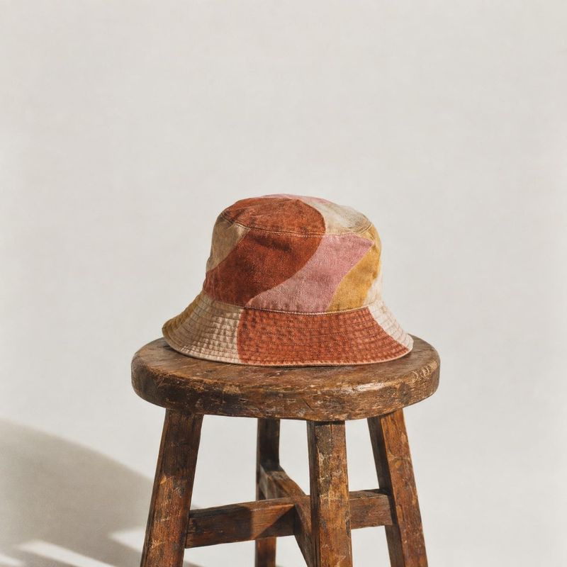 patterned bucket hat fashion product photo: A patchwork-patterned bucket hat rests on a weathered wooden stool against a softly lit neutral backdrop, creating…