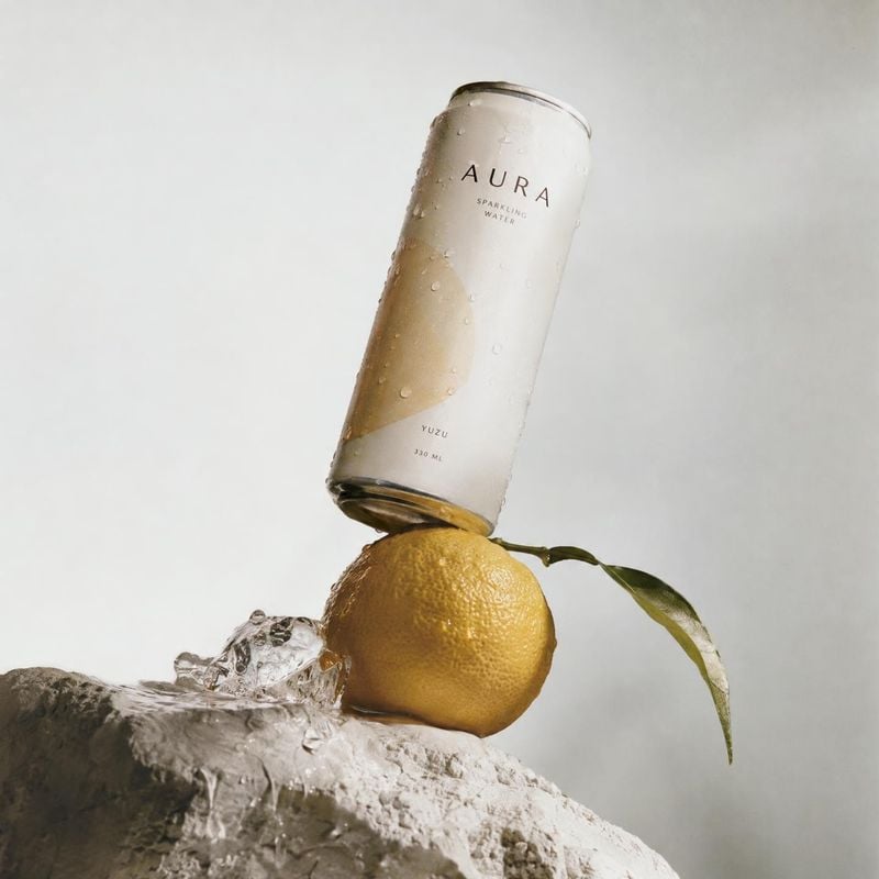 yuzu sparkling water can food and drink product photo: A chilled can of yuzu sparkling water balances on a fresh citrus fruit above a rocky water splash, with…