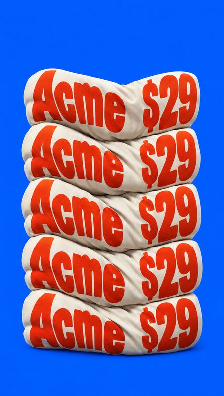stack of printed T-shirts group lineup product photo: A stack of cream-colored folded T-shirts printed with bold red “Acme $29” lettering sits against a vivid…
