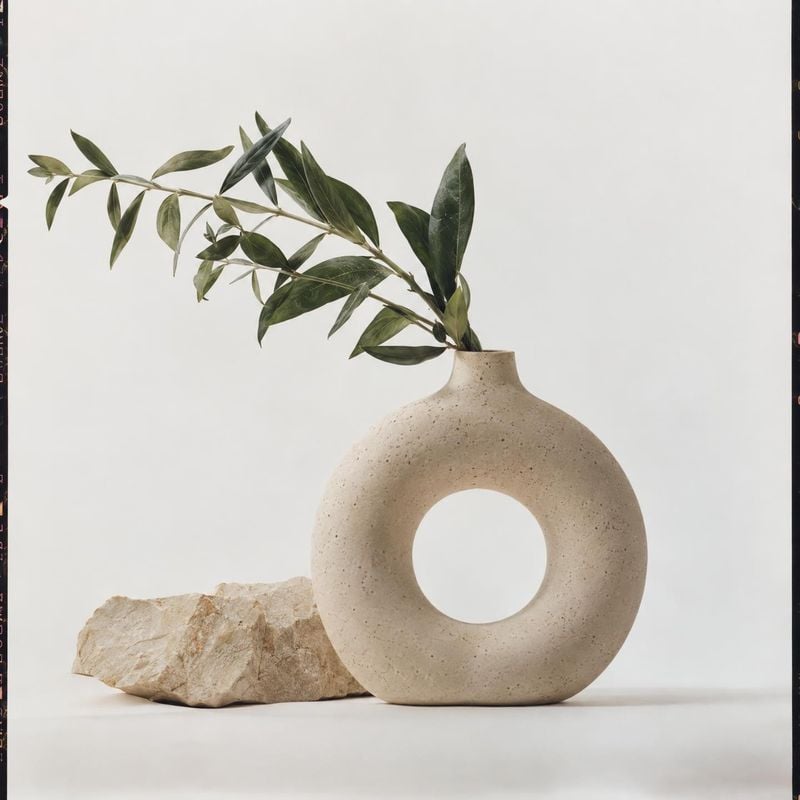 ceramic vase home product photo: A sculptural beige ceramic vase holding an olive branch sits beside a pale stone on a softly lit, neutral studio surface, crea…