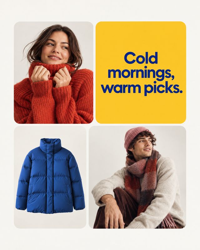 winter clothing group lineup product photo: A winter-fashion collage pairs models in cozy red and neutral knitwear with a blue puffer jacket, set against pale…