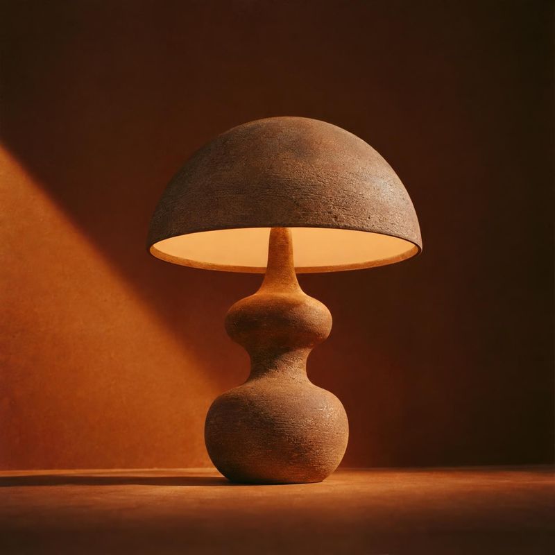 sculptural table lamp packshot product photo: A sculptural, earth-toned table lamp glows against a warm terracotta studio backdrop, with directional light crea…