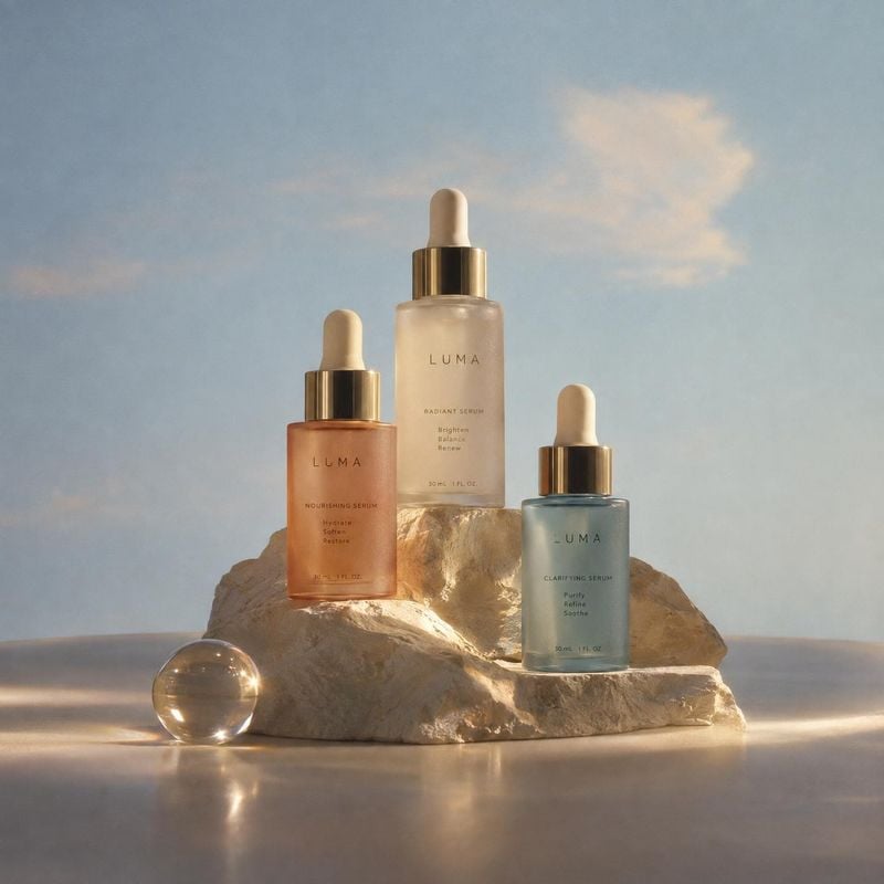 serum bottles group lineup product photo: Three glass serum bottles are arranged on sunlit stone against a soft blue sky backdrop, creating a warm, serene beau…