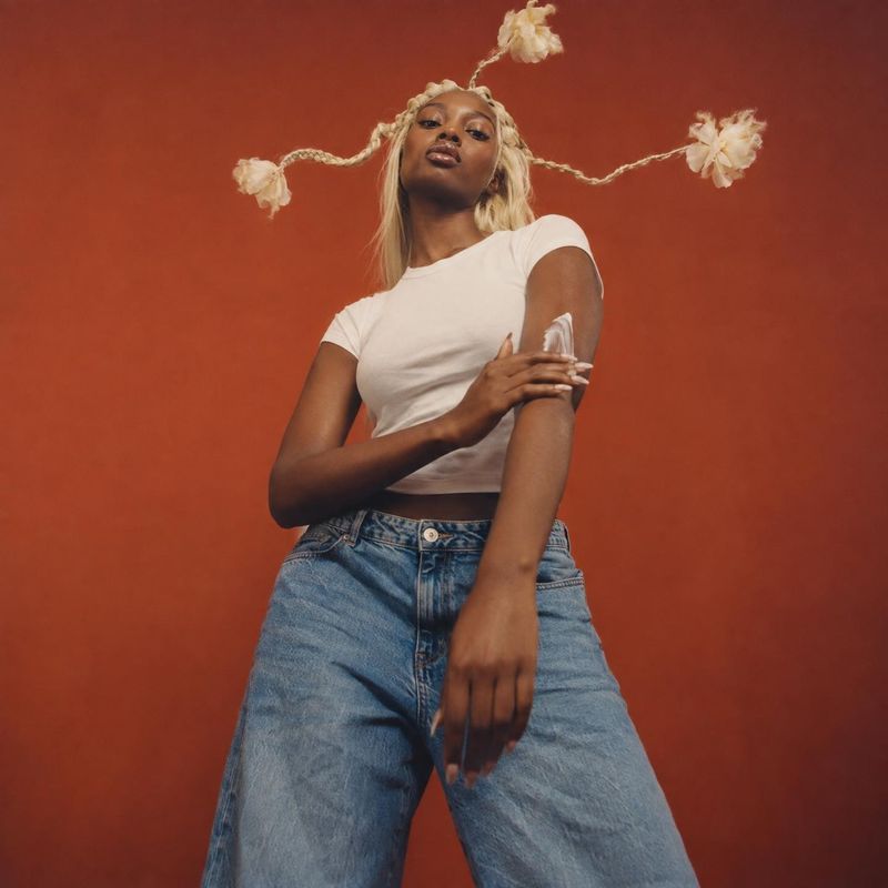 casual outfit (white crop top and blue jeans) model try-on product photo: A model poses in a white crop top and relaxed blue jeans against a warm rust-red stud…