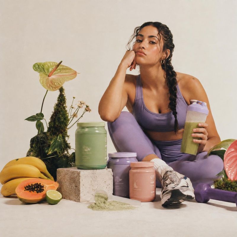 protein powder and shaker model try-on product photo: A woman in a lavender workout set sits among supplement tubs, a shaker, fruit, and tropical plants agains…