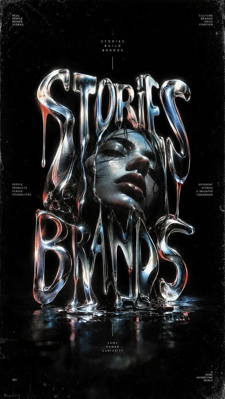 beauty close-up product photo: A dramatic close-up portrait emerges behind oversized liquid-metal lettering on a glossy black background, with cool blue highli…