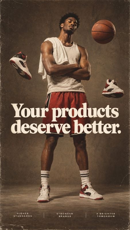 basketball sneakers floating product product photo: A basketball player poses with crossed arms in a white tank, red shorts and sneakers against a textured bro…