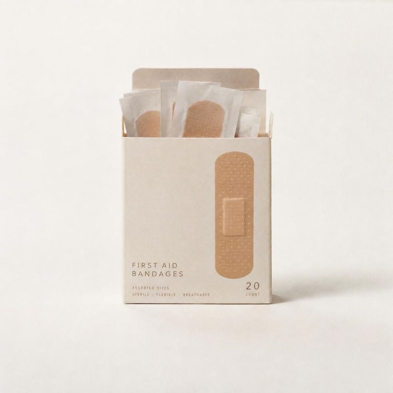 first-aid bandages packshot product photo: An open box of individually wrapped bandages stands against a warm off-white studio backdrop, styled in soft neutral…
