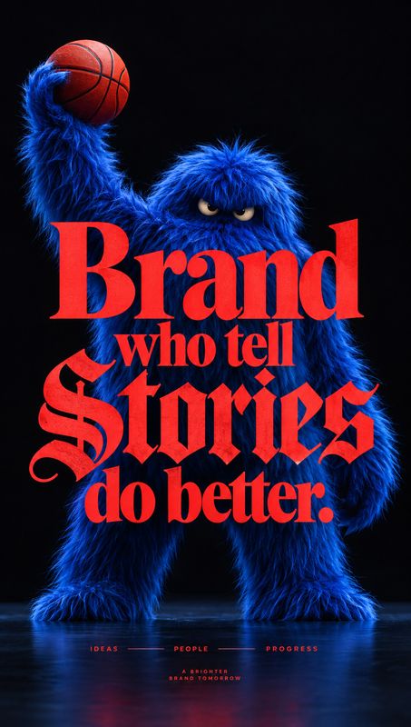 action & motion product photo: A vivid blue furry mascot raises a basketball against a black studio backdrop, framed by oversized red typography and a dramatic…
