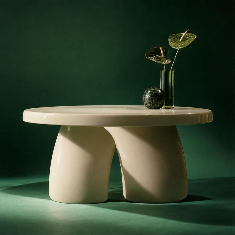 sculptural side table home product photo: A sculptural cream side table with a small vase and dark stone orb is staged against a deep green studio backdrop, li…