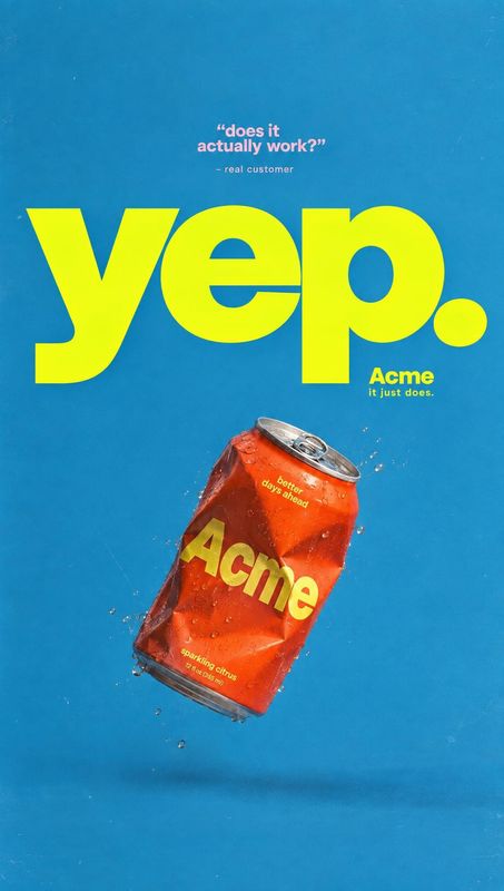 sparkling citrus soda food and drink product photo: A crumpled red soda can floats amid droplets against a vivid blue background, beneath oversized yellow lett…