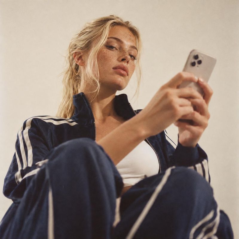 tracksuit model try-on product photo: A blonde woman in a dark striped tracksuit sits against a warm, softly lit neutral backdrop, looking at her phone in a re…