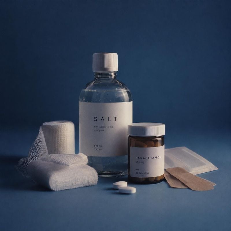 saline solution and paracetamol tablets personal care product photo: A bottle of saline solution, a jar of paracetamol tablets, gauze, and adhesive dressings a…