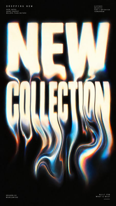 posters product photo: A fashion collection announcement pairs oversized cream lettering with fluid, iridescent forms against a black background, creating a bo…