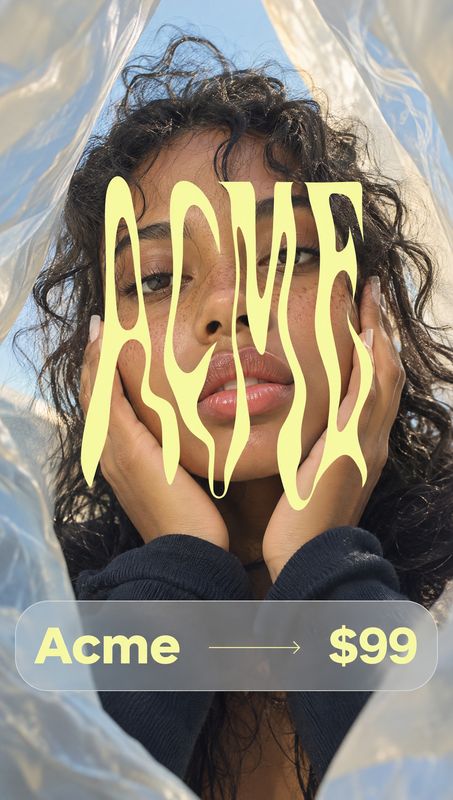 beauty close-up product photo: A close-up portrait of a woman framed by translucent, sunlit material, with oversized wavy yellow lettering across her face and…