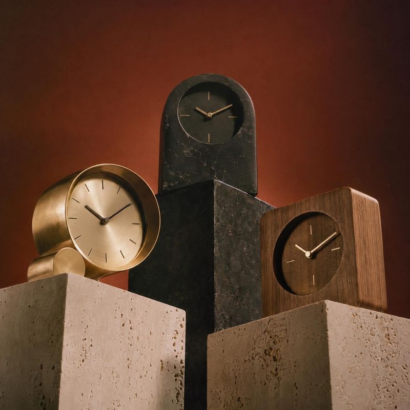 decorative clocks home product photo: Three sculptural clocks in brass, dark stone and wood are arranged on concrete plinths against a warm rust-colored studio…