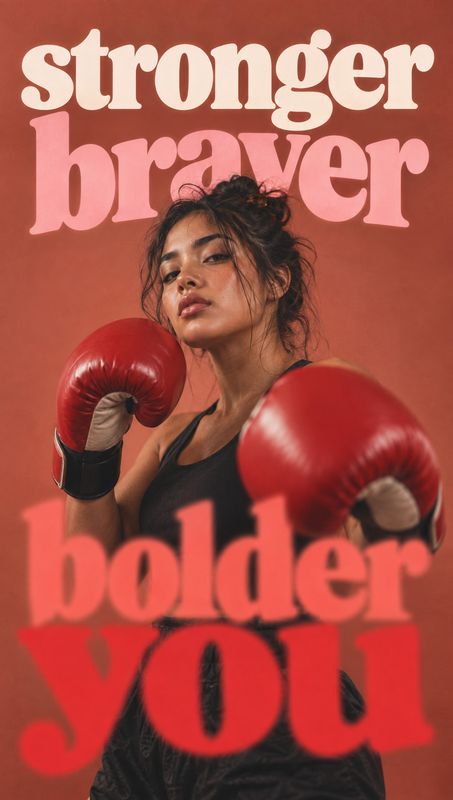 boxing gloves sports product photo: A woman in a black athletic top and red boxing gloves poses against a terracotta studio backdrop, framed by oversized cream…